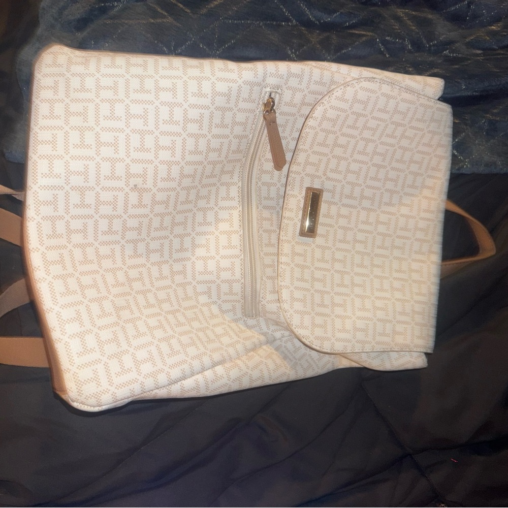 Tommy Hilfiger White and Tan Geometric Backpack
